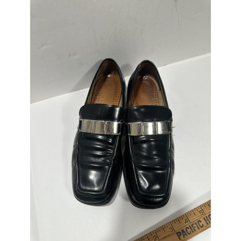 Gucci Leather Black Loafers Shiny Silver Plaque Logo Women 100 0398 36 C Sz 6 - Picture 12 of 12